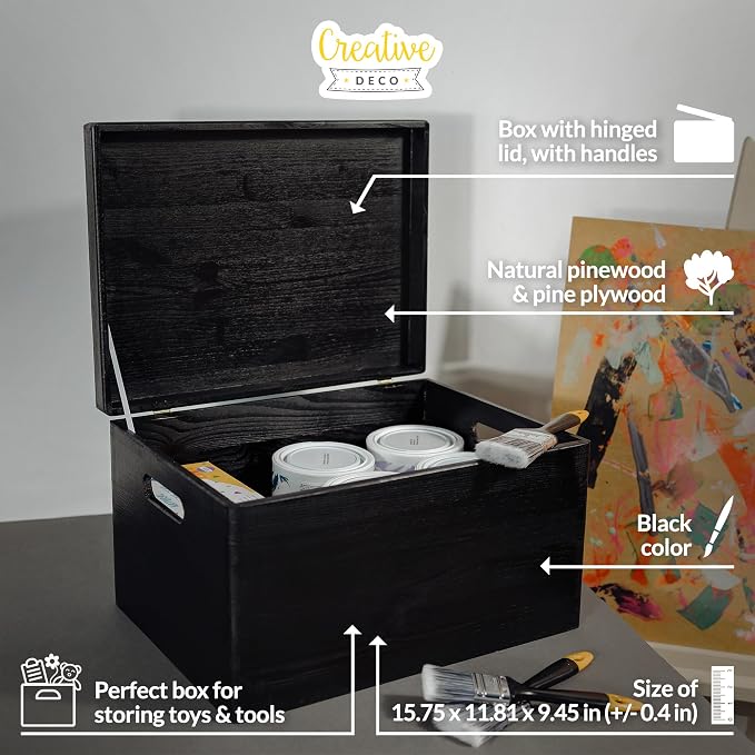 Creative Deco Large Black Wooden Box Storage with Hinged Lid | 15.8x11.8x9.44in (+-0.5) | Keepsake Gift Box Storage Document | Wood Chest Trunk PRODUCT NOT INTENDED FOR 15 YEARS OR BELOW | Solid pine storage box with a lid for keepsakes, crafts, statio...