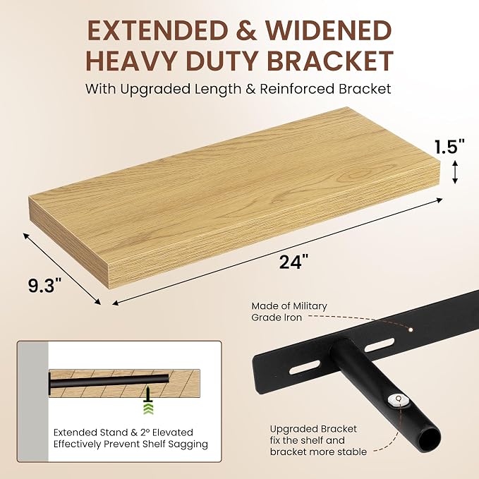 Dreamland 24 Inches Floating Shelves for Wall,9.3" Deep Long Floating Shelves Set of 2,Large Display & Storage Shelf,Wall Shelf for Bathroom Bedroom Living Room Kitchen Office,Oak