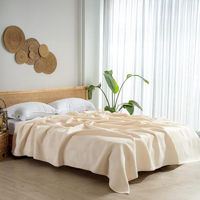 100% Turkish Cotton Blanket Queen Size Waffle Weave Blankets, Made in Turkiye, Light Airy Throw Bedspread (Natural Raw, Queen Size Blanket 90 x 90 inch)