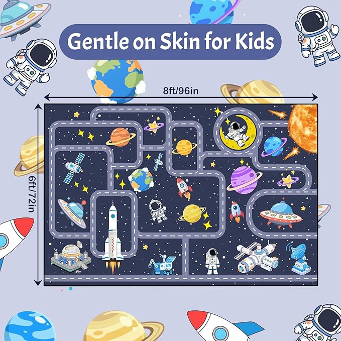Space Rug 6x8 Feet Non Slip Kids Area Rug for Toy Cars Solar System Educational Road Traffic Carpet with Planets Astronauts Galaxy Theme for Boys Bedroom Playroom Nursery Dark Blue
