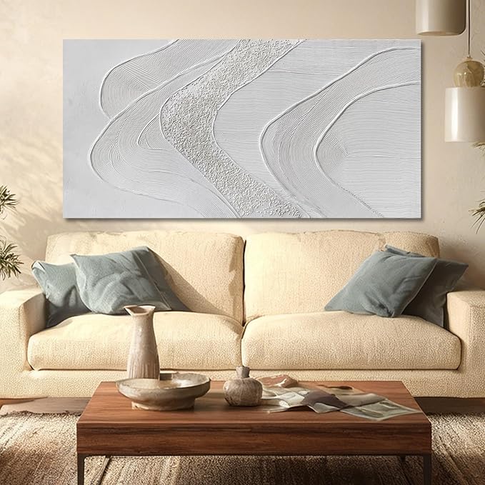 Minimalist White Abstract Wall Art, Hand Painted Textured Canvas in Neutral Beige and Cream Tones, Modern Gallery Wrapped Wall Decor for Living Room Bedroom Dinning Room, Ready to Hang, 24×48 Inch