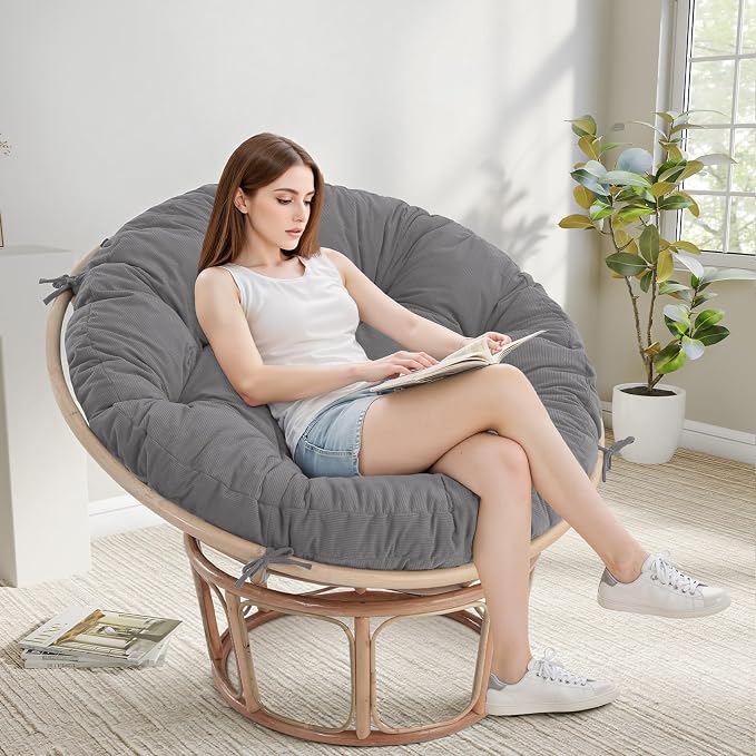 idee-home Papasan Chair Cushion, Circle Papasan Chair Cushion(Cushion Only) | Papasan Cushion with Thick Corduroy Cover, 48 x 48 Inch Cushion for Egg Chair, Light Grey