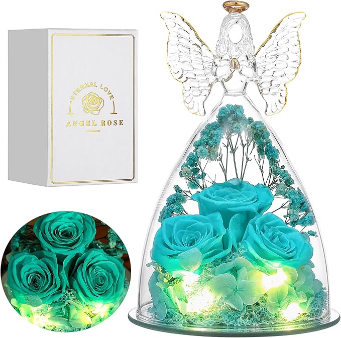 Mothers Day Rose Gifts for Women Preserved Real Flower in Glass Angel Figurines Roses for Delivery Prime Birthday Gifts for Mom Grandma Girlfriend Wife Her - Tify Blue
