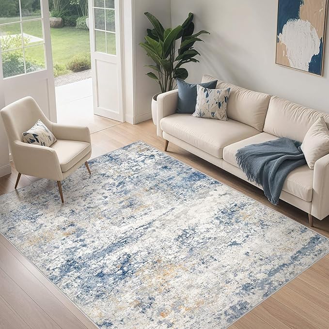 DMOYEST Area Rug Living Room Rugs - 5x7 Abstract Large Soft Indoor Washable Rug Neutral Modern Low Pile Carpet for Bedroom Dining Room Farmhouse Home Office - Blue