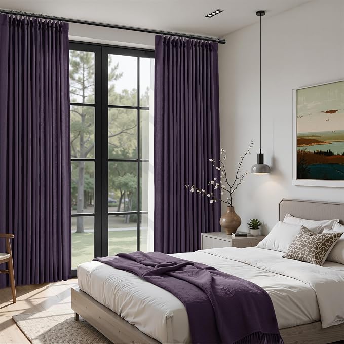 Plum Purple Pinch Pleated Linen Curtains 90 Inches Long Vintage Boho Farmhouse Semi Sheer Textured Linen Blended Light Filtering Curtain for Living Room Bedroom Pleated Drapes with Hooks Rings 40x90