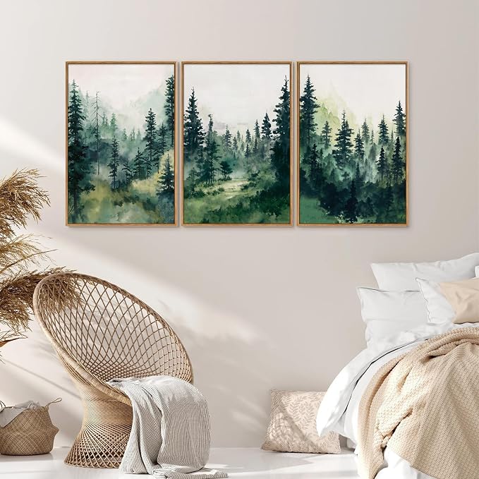 Tinonedraw Watercolor Forest Framed Canvas Wall Art Set, Modern Pine Tree Wall Painting, Nature Foggy Landscape Wall Decor, Misty Mountain Art Prints for Bedroom Living Room Farmhouse Office 16"x24"x3