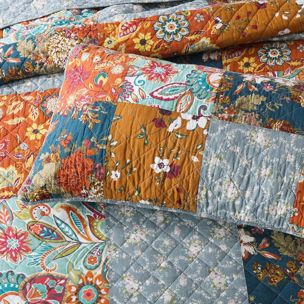 Autumn Dream Cotton Bedspread Quilt Sets Reversible Bedding Coverlet Sets Comforter, Paisley Floral Patchwork Yellow Grey Bedspread, King Size