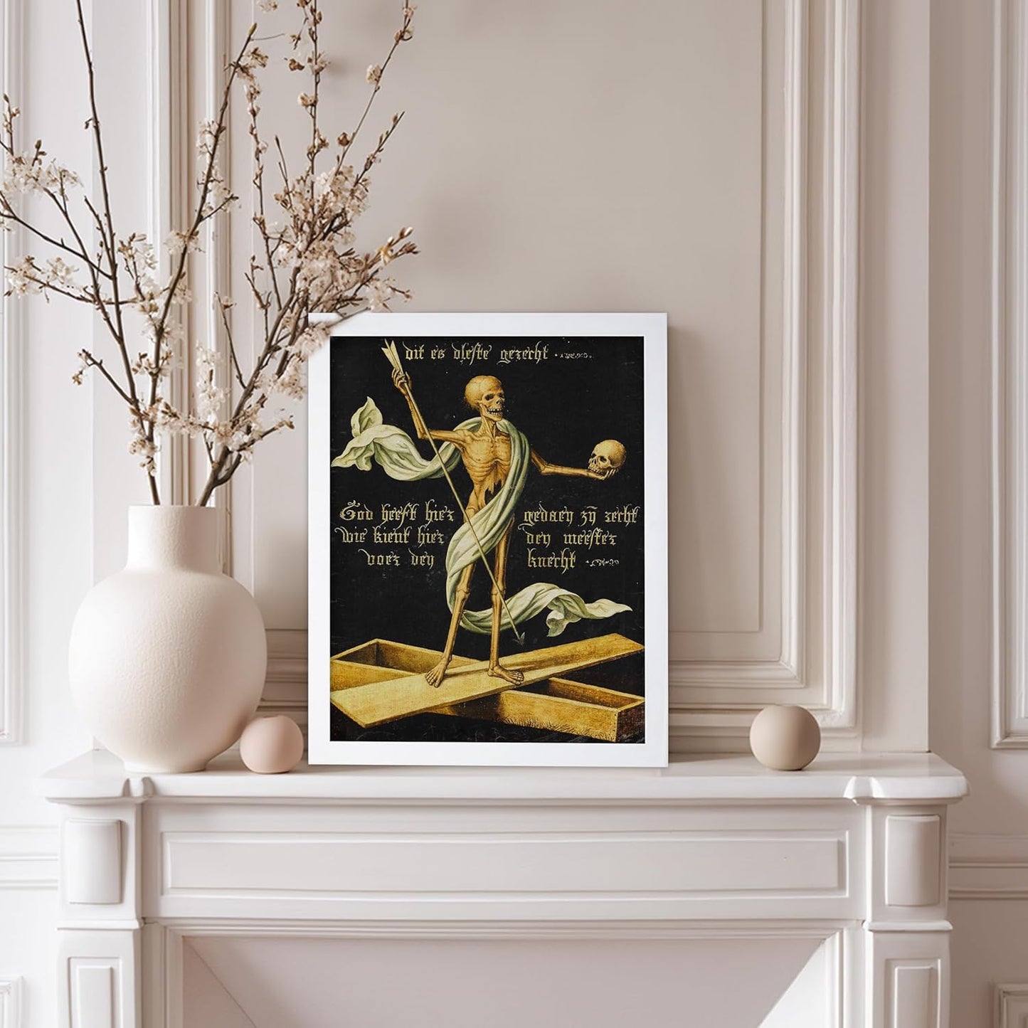 Poster Master Vintage Medieval Poster - Retro Gothic Print - Gift for Artist, Friend - Allegory of Life and Death, Skeleton, Dark, Skull - Wall Decor for Home, Living Room, 11x14 White Framed