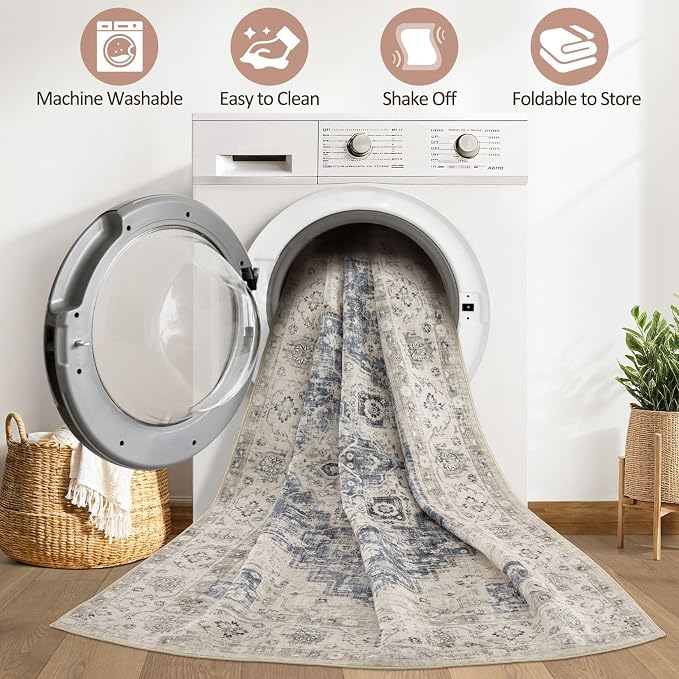 9x12 Area Rug Living Room: Washable Boho Large Neutral Vintage Soft Rugs Stain Resistant Distressed Farmhouse Non-Slip Indoor Floor Carpet for Bedroom Nursery Kids Office Dining Room- Brown Blue