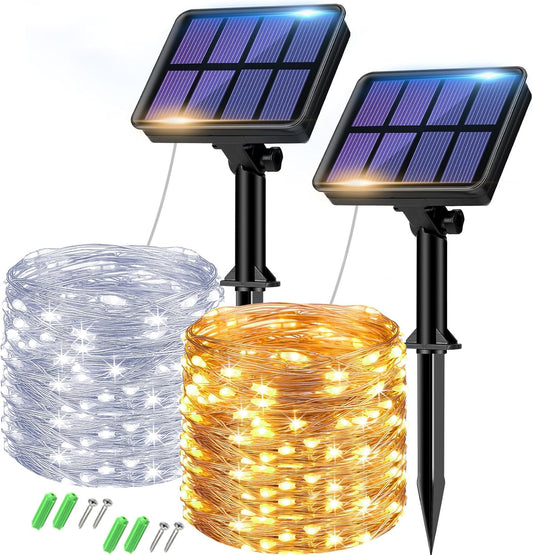 2 Pack Solar String Lights Outdoor - 160LED 66FT Solar Fairy Lights Outside Waterproof 8 Modes, Copper Wire Solar Powered Twinkling Lights for Tree Garden Patio Christmas Wedding Party Decorations