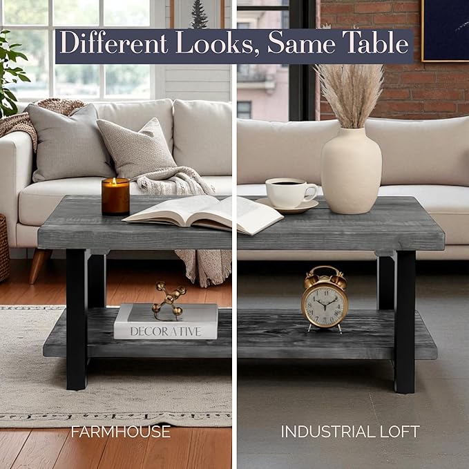 Alaterre Furniture Pomona Solid Wood Coffee Table, Slate Grey, 42” | Rectangular Center Table with Storage Shelf and Metal Legs, Rustic Industrial Farmhouse Living Room Furniture