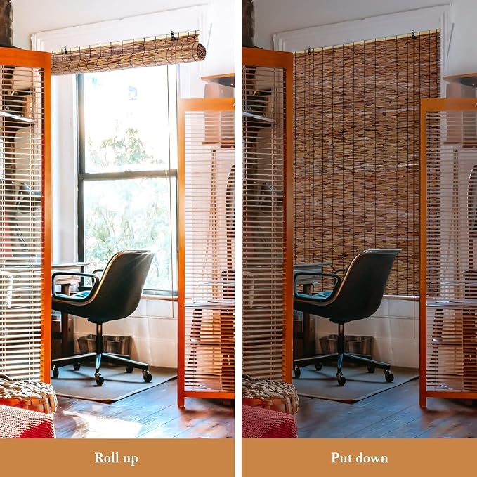 Reed Curtain, Bamboo Light Filtering Roller Shades,47" W x 71" H Retro Natural Roll Up Window Blind for Outdoor Indoor