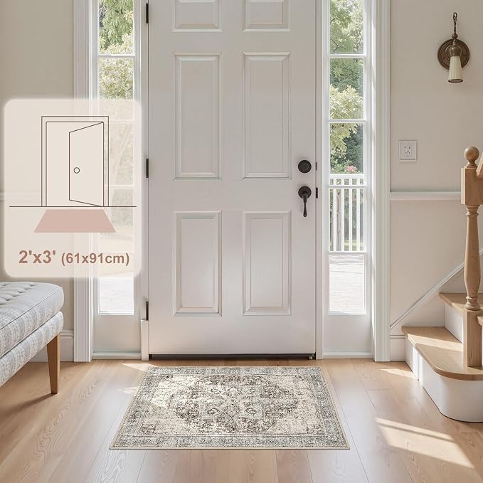Tortania Area Rug 2x3 Doormat - Washable Vintage Oriental Farmhouse Soft Thin Indoor Carpet for Living Room Bedroom Hallway Entryway Kitchen - Brown Blue