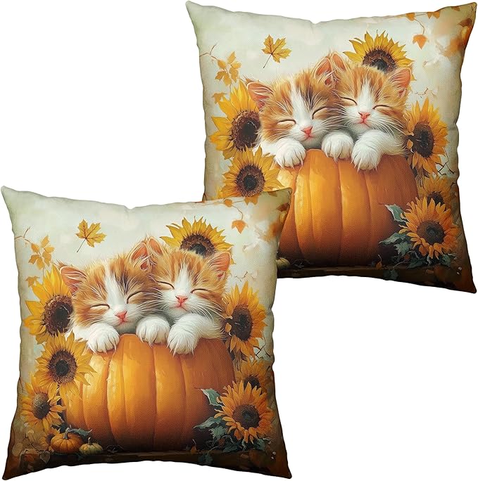 Fall Pillow Covers 20x20 Set of 2 Lovely Cat Pumpkin Sunflower Throw Pillow Covers Autumn Harvest Farmhouse Pillowcase Double Sided Printing Cushion Case for Patio Outdoor Sofa