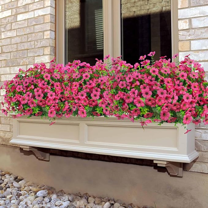Ouddy Decor 12 Bundles Artificial Flowers for Outdoors Fake Silk Flowers UV Resistant Faux Plastic Plants for Spring Summer Garden Porch Window Box Table Vase Home Indoor Outdoor Decoration, Rose Red