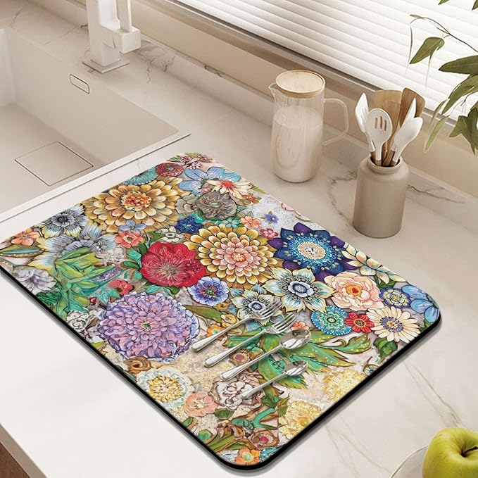 Fun Coffee Mat 24inx18in,Coffee Bar Mat for Countertops,Absorbent Hide Stain Anti-Slip Coffee Bar Accessories Fit Under Coffee Machine Mat,dish Drying Mats for Kitchen