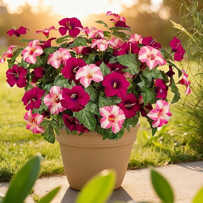 19 Inch Artificial Fake Flowers for Outdoor,4 Pcs Rose red Pink Faux Silk Petunias Spring Flowers for Outside for Indoor Porch Planter Front Door Garden Patio Window Box Home Decor