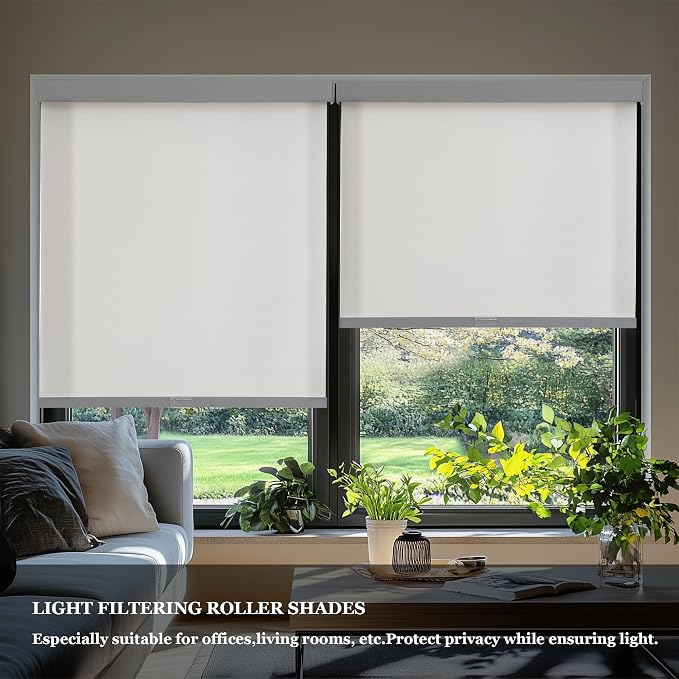 AOSKY Light Filtering Roller Shades Cordless Blinds for Windows, 1% Openness Free-Stop Shades with Valance, Thermal Insulated Fabric, UV Protection, Natural Woven Blindss（23" W x 72" H, Grey）