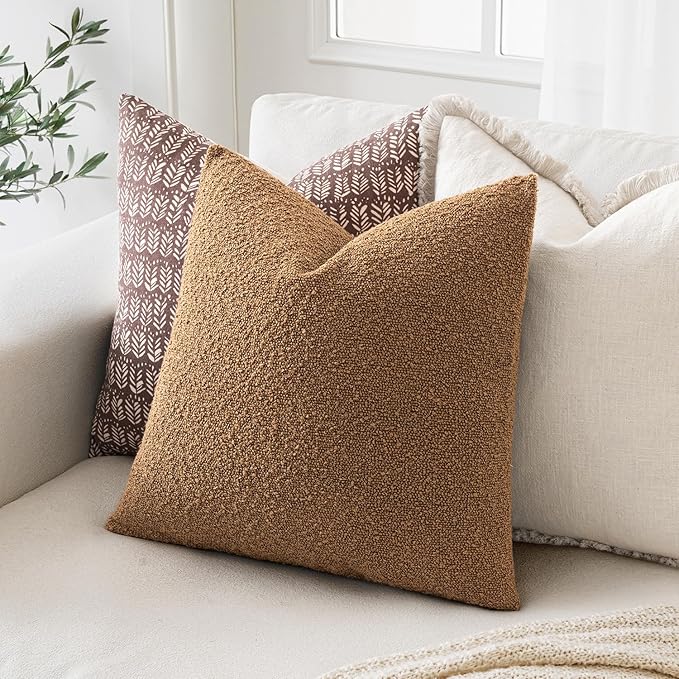 MIULEE 24x24 Inch Decorative Euro Sham Pillow Covers for Couch Bed Set of 2 Textured Boucle Neutral Throw Pillow Covers Brown Tobacco Accent Solid Pillowcases Sofa Living Room Home Decor