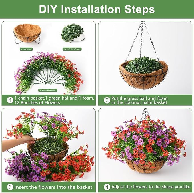 Artificial Flowers Fake Hanging Basket for Outdoor Spring Summer Decoration, 12 Bundles Faux Hanging Plants UV Resistant, Realistic Silk Flower for Outside Planters Porch Patio Balcony Yard Garden