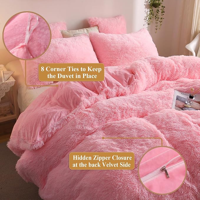 XeGe Plush Shaggy Duvet Cover Set, Luxury Ultra Soft Crystal Velvet Fluffy Bedding Sets 3 Pieces(1 Furry Faux Fur Comforter Cover + 2 Fuzzy Faux Fur Pillowcases) Zipper Closure(Queen, Light Pink)