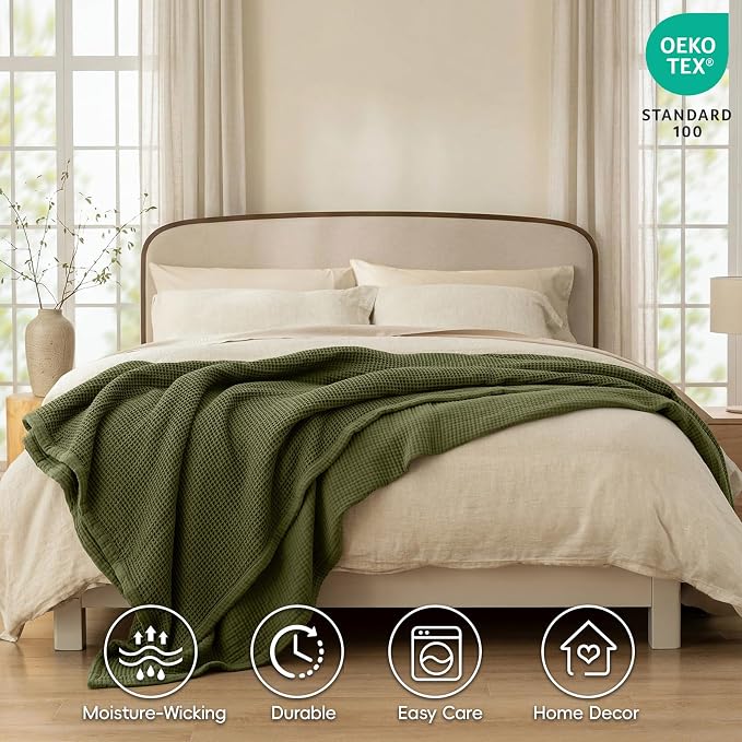 PHF 100% Cotton Waffle & Muslin Blanket Queen Size, Soft Breathable Luxury 400GSM Versatile Reversible Bedding for Bed, Great for Layering in Cold Weather, Home Decor Gift, 90" x 90", Olive Green