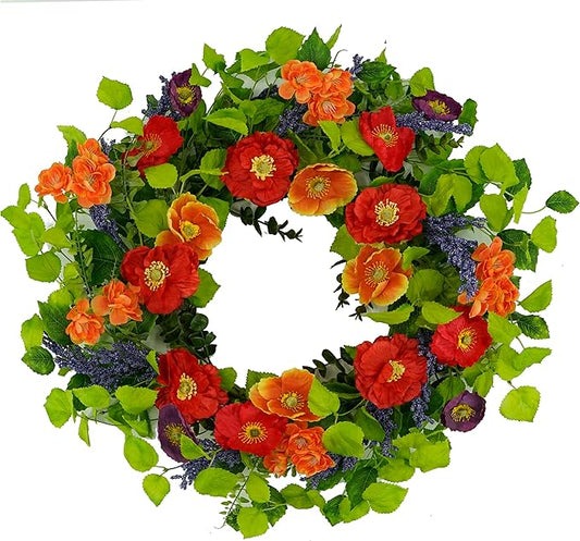 WreathDream 22 inch Artificial Spring Summer Wreaths for Front Door Poppy Wreath with Lavender Ear,Cherry Blossom,for Front Door Indoor Outdoor Home Farmhouse Decor