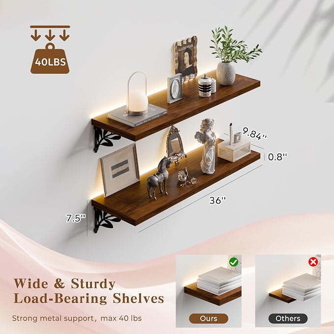36 Inch 2 Tier Solid Wood Floating Shelves with LED Light, Metal Brackets | 36 inch solid pine shelves, 2 tier, warm LED light, walnut finish, metal brackets for books and decor