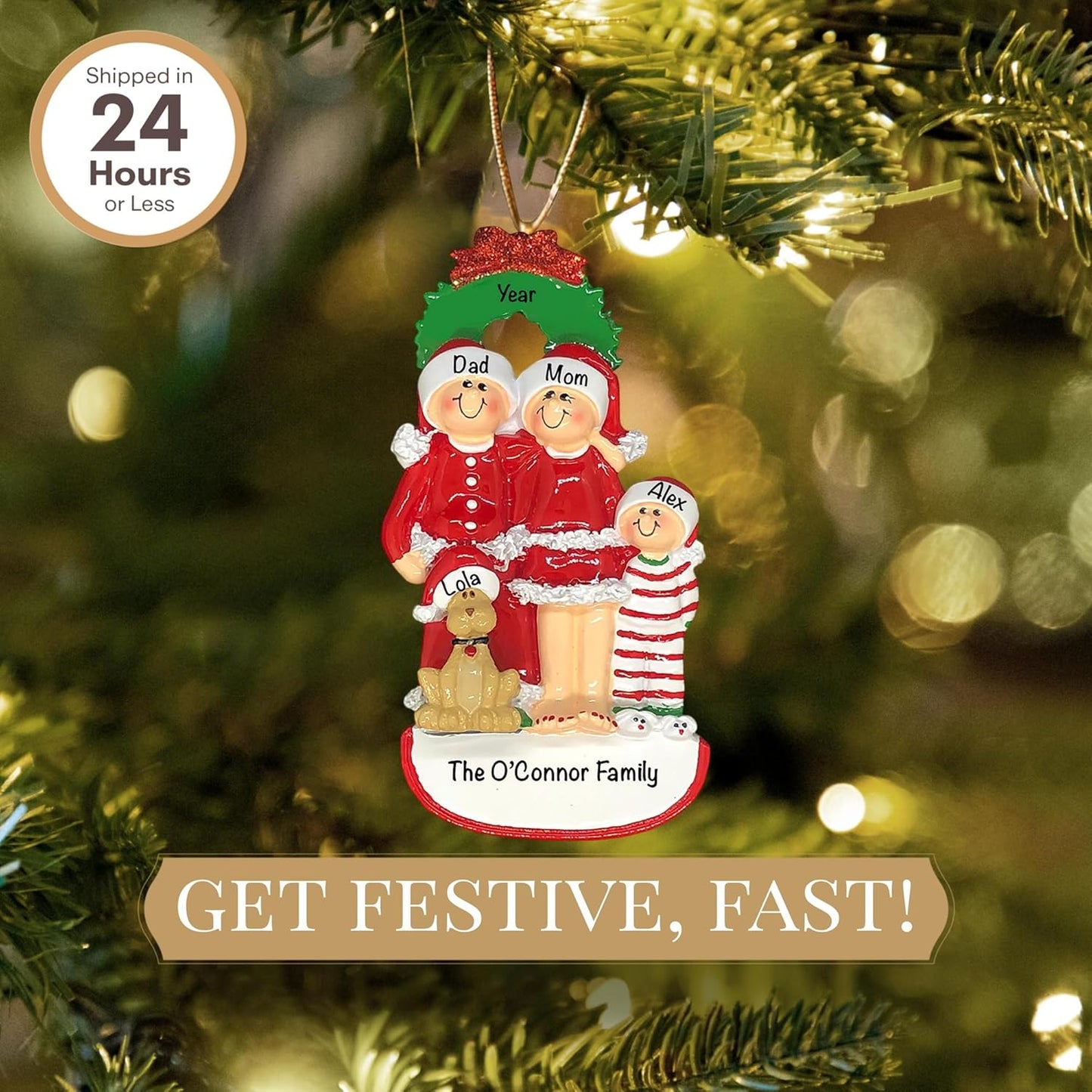 Personalized Family of 3 with Dog Ornament 2025 | Free 24h Customization | Christmas Ornaments for Tree | Custom Gift Wrapped Pet Keepsake for Dog-Lovers