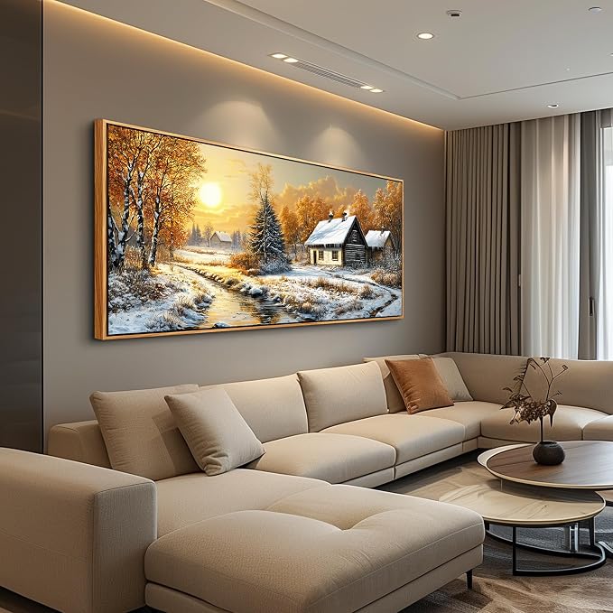 XIGUANGART Landscape Wall Art Framed,Large Canavs Wall Art,Snow Cottage with River Forest Pictures for Bedroom,Vintage Rustic Farmhouse Wall Decor Paintings for Living Room Bathroom Kitchen 20"X40"