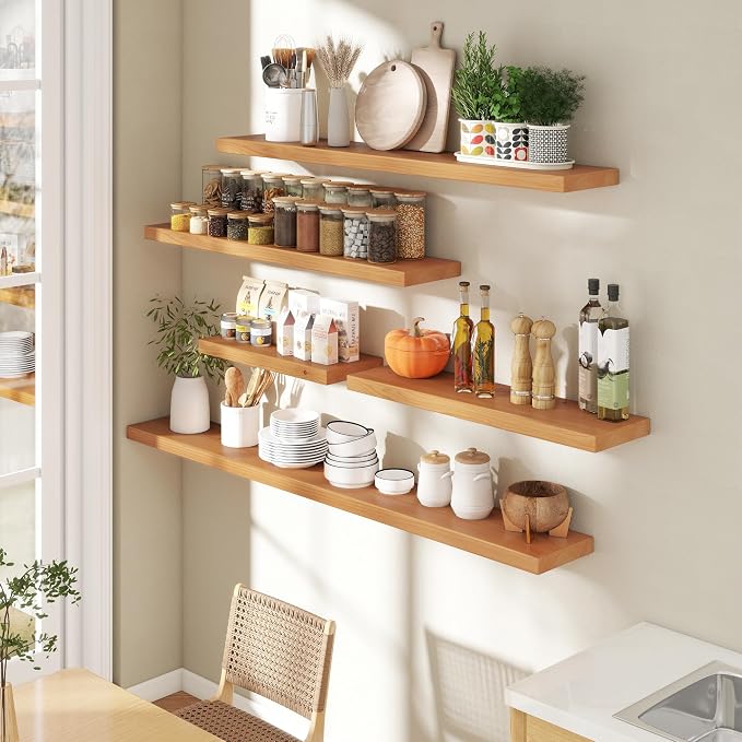 Axeman 24 Inch Floating Shelves for Wall, 9.3" Deep High End Solid Real Wood Wall Shelves with Heavy Duty Invisible Bracket for Living Room, Bedroom, Kitchen, Bathroom, Set of 2, Natural