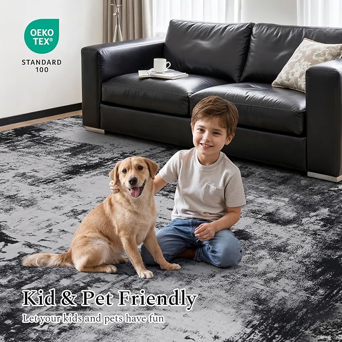 Rugflix 10x14 Area Rugs for Living Room, Black Grey Large Rug Stain-Resistant Low Pile, Big Washable Dark Carpet Non-Slip for Bedroom Dining Room Home Office Nursery Room