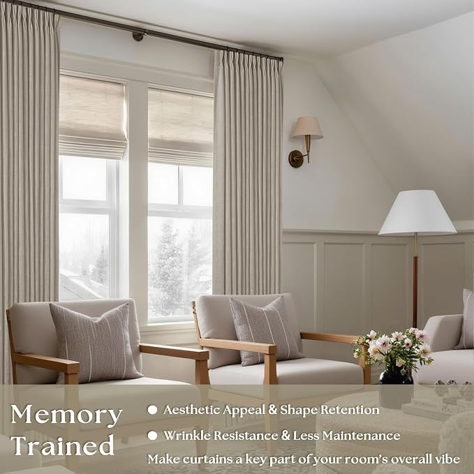 Pinch Pleated Linen Curtains 98 Inches Long for Living Room 2 Panels Set Greyish Beige Flax Double Pleated Drapes Back Tab Farmhouse Ceiling Floor 98 Inch Window Curtains Bedroom Burlywood Birch