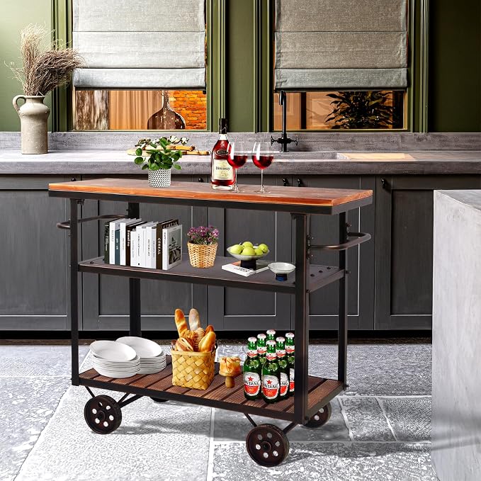 LOKKHAN Rolling Bar Cart with Handle [3 Tier] Home Kitchen Microwave Cart Island On Wheels, Mobile Serving Cart Beverage Cart, Coffee Station (Metal/Wood, Industrial Black/Rustic Brown)