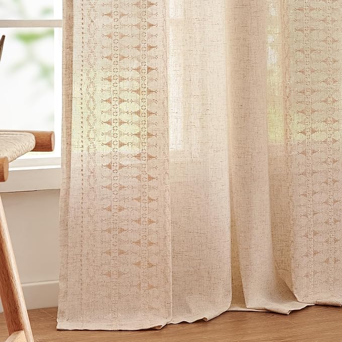 jinchan Boho Curtains for Bedroom Linen Blend Embroidered Bordered Farmhouse Curtains Living Room Drapes 63 Inch Length Bohemian Light Filtering Grommet Window Drapes 2 Panels Ivory on Beige