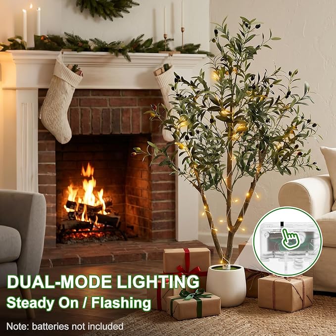 TNELTUEB Olive Trees Artificial Indoor: 5FT Fake Tree with Lights & Planter, Realistic Faux Olive Tree with Lifelike Fruits for Living Room Decor, Fake Silk Plants for Modern Home Office