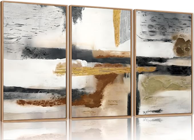 Modern Abstract Framed Canvas Wall Art Set, Neutral Textured Wall Decor, Boho Minimalist Gold and Gray Wall Painting for Living Room, Bedroom, Dining Room, Office - 24" x36" x3