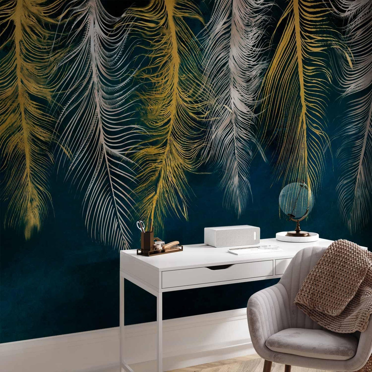 artgeist Wall Mural Feather 177x124 in - XXL Non-Woven Wallpaper Fleece Wall Decor Photo Print Picture Image Design Landscape Abstract Beige Navy Blue b-A-0812-a-a