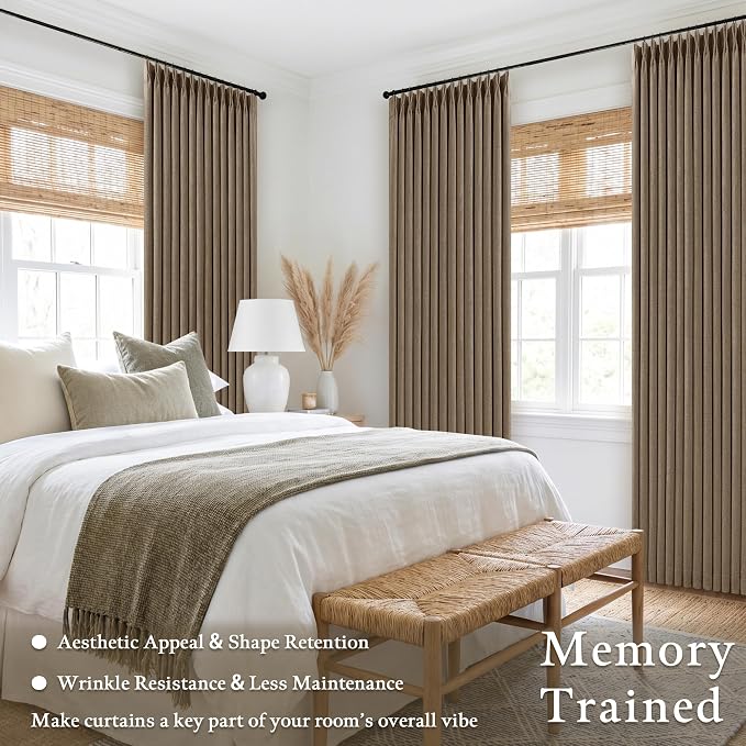 Latte 96 Inch Pinch Pleated Blackout Linen Curtains for Bedroom Living Room 2 Panels Set Memory Trained 100% Black Out Soundproof Room Darkening Window Curtains Double Layer Pinch Pleat Drapes