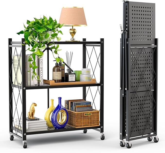 Our Modern Space 3-Tier Foldable Storage Shelf with Wheels | Metal Rack Collapsible Shelving Display | Rolling Cart for Books Kitchen Storage Shelves | Pantry & Closet Organizer | Office Room Decor