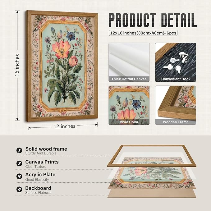 Indian Wall Art Vintage Floral Canvas Poster India Wall Decor Folk Flower Prints Scandinavian Pictures Antique Botanical Painting Gallery Artwork for Bedroom Living Room 12x16x6 Inch Wood Framed