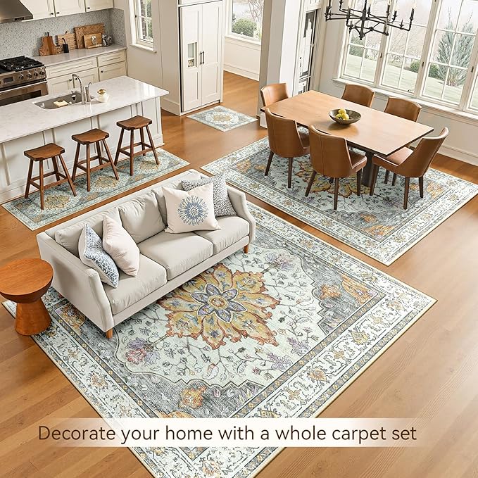 RELEANY Area Rugs 10'x12' Washable Non-Slip, Floral Vintage Distress Print Pattern Medallion Carpet for Living Room Bedroom Dining Room, Light Yellow Carbon Grey Orange