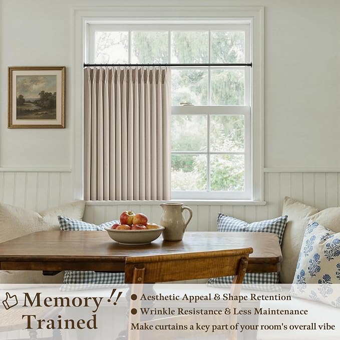 Burlywood Birch Linen Pleated Curtains 36 Inch Length 2 Panels for Kitchen Dining Room Pinch Pleat Drapes with Hooks Rings Semi Sheer Light Filtering Modern Farmhouse Short Curtains for Small Window