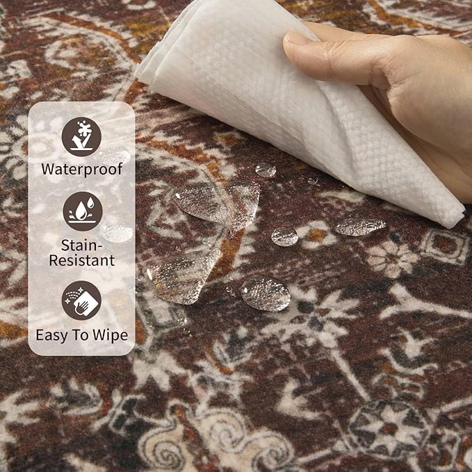 Rugxara Area Rugs for Living Room Bedroom, Washable Christmas Rug, Vintage Oriental Boho Rug, Non Slip & Low Pile Faux Wool Thin Accent Carpet for Indoor Dining Room, Kids Room and Office(Red 4x6ft)