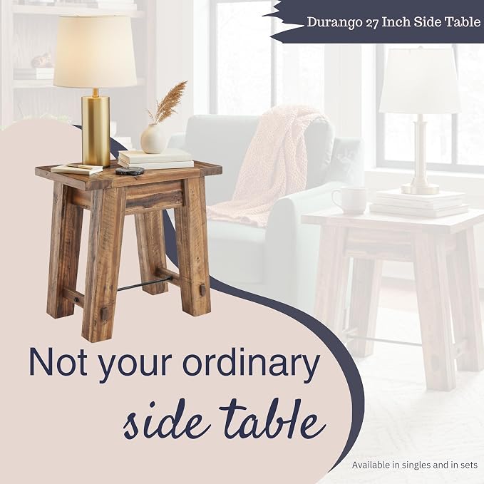 Alaterre Furniture Durango Solid Wood Side Table with Metal Accent, 27-Inch | Rustic Industrial Nightstand and End Tables, Storage Shelf, Metal Accent, Natural Grain, for Living Room, Bedroom, or Office