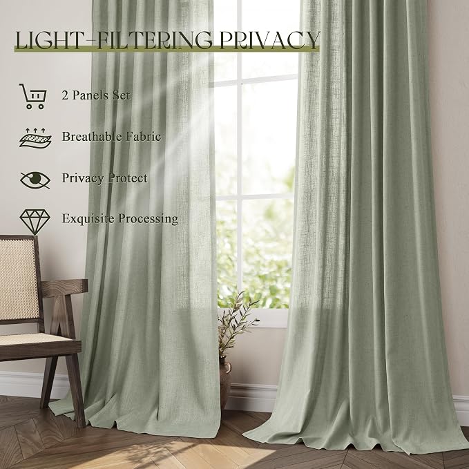 Jowels Sage Green Linen Curtains 90 Inch Long 2 Panels for Living Room | Light Filtering Semi Sheer Curtain, Back Tab Pocket Pleated Look, Boho Farmhouse Textured Privacy Drapes for Bedroom Window