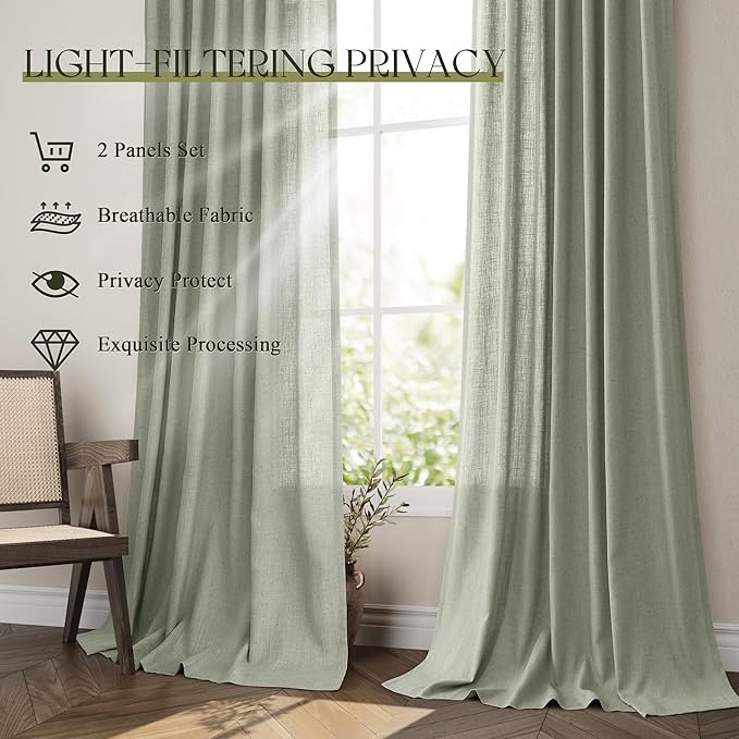 Jowels Sage Green Linen Curtains 54 Inch Long 2 Panels for Living Room | Light Filtering Semi Sheer Curtain, Back Tab Pocket Pleated Look, Boho Farmhouse Textured Privacy Drapes for Bedroom Window