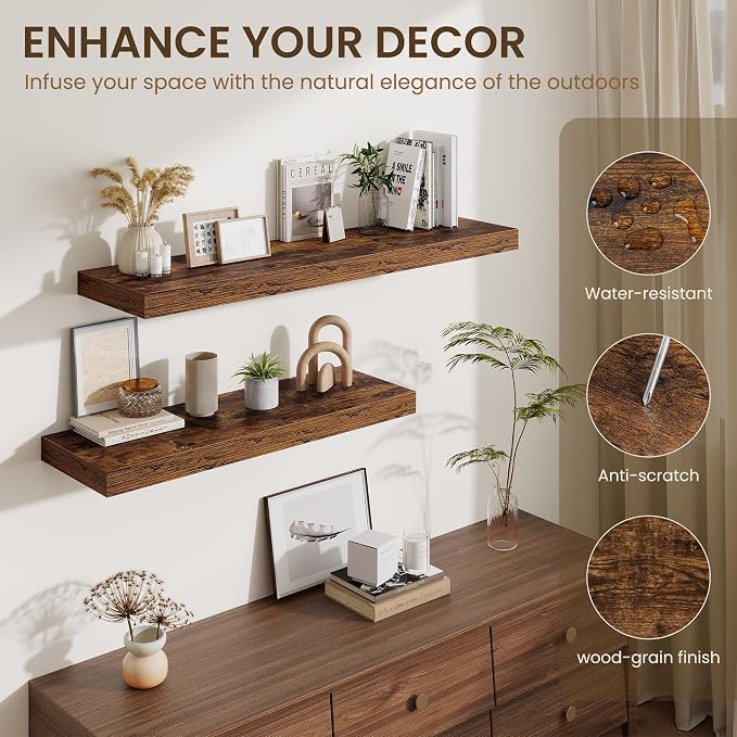 55 Inch Floating Shelves for Wall - 12 Inch Deep Fireplace Mantel Shelf - Wood Floating Shelf for Wall - Large Storage Shelves Wall Mount for Living Room & Bedroom - Rustic Brown - Set of 1