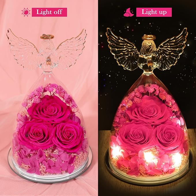 Flowers for Delivery Gifts for Mom Mothers Day Birthday Gifts for Women Grandma Fresh Preserved Flowers Forever Real Roses in Glass Angel Figurines Anniversary Present for Wife Her Friends Daughter