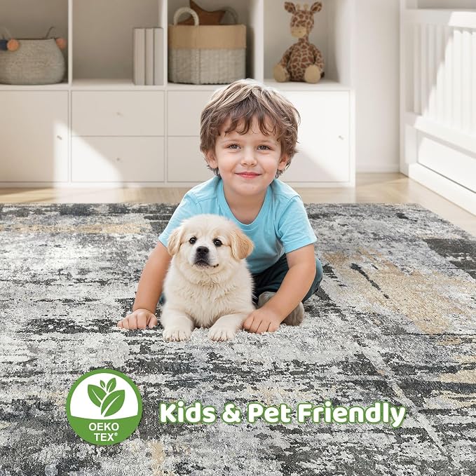 7x10 Area Rug Living Room: Washable Large Abstract Modern Soft Rug Stain Resistant Indoor Floor Non Slip Accent Carpet for Bedroom Nursery Playroom Dining Room Office Dorm Home House- Black Gold